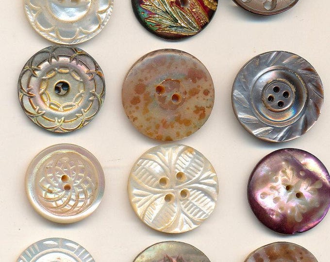 12 Antique Small Carved Pearl Shell Buttons - Lot#octe Size 5/8 to 11/ ...