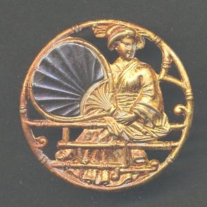 Antique Victorian Brass Theater Button - Yum Yum from Mikado with Steel Fan and Red Tint   ca. 1890's Japanese Asian