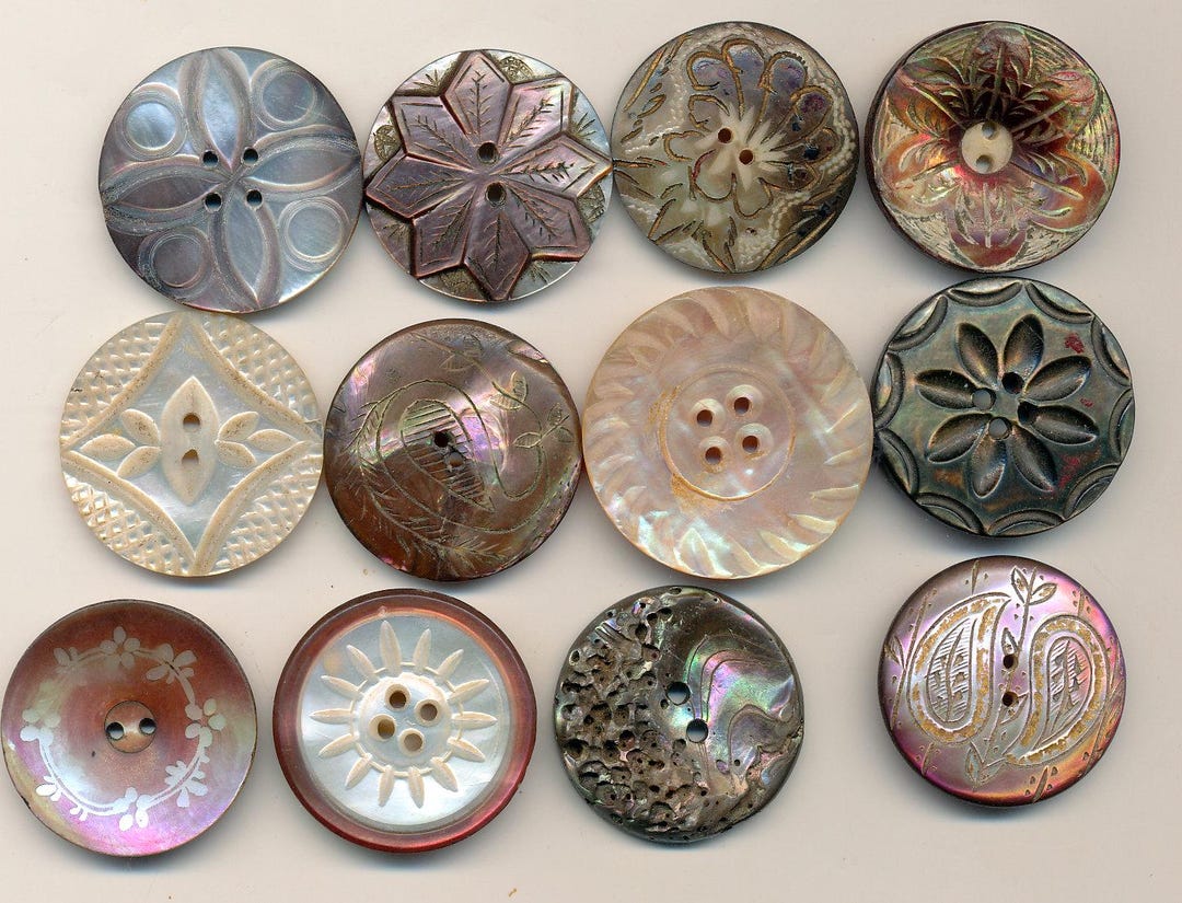 Antique Carved Pearl Shell Buttons D Lot of 12 Medium Size 1 to 1-1/8 ...