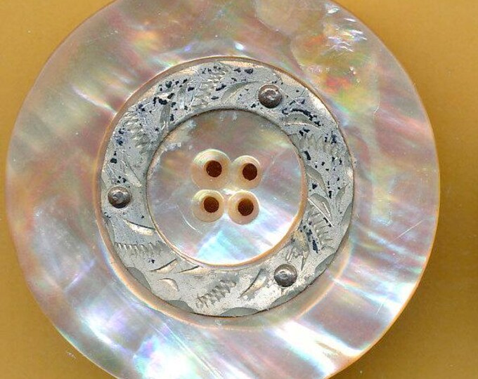 Antique Abalone Pearl Shell Button With Bright Cut Pewter Adornment Ca ...