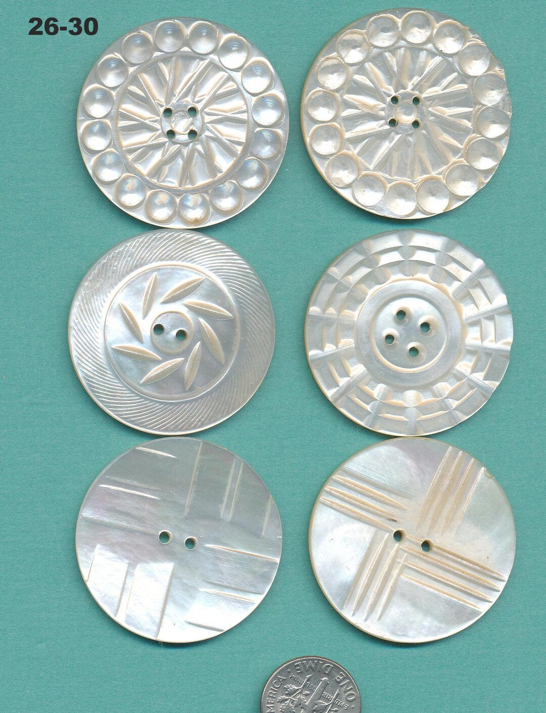 Antique White Carved Pearl Shell Buttons Lot# 26-30 Lot of 6 Large 1-1/ ...