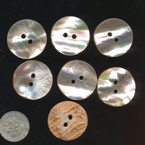 May include: Seven circular buttons made of iridescent mother of pearl, each featuring two central holes. Six buttons display a smooth, pearlescent finish with light reflections, while one button has a textured, brown, wood-like grain pattern.