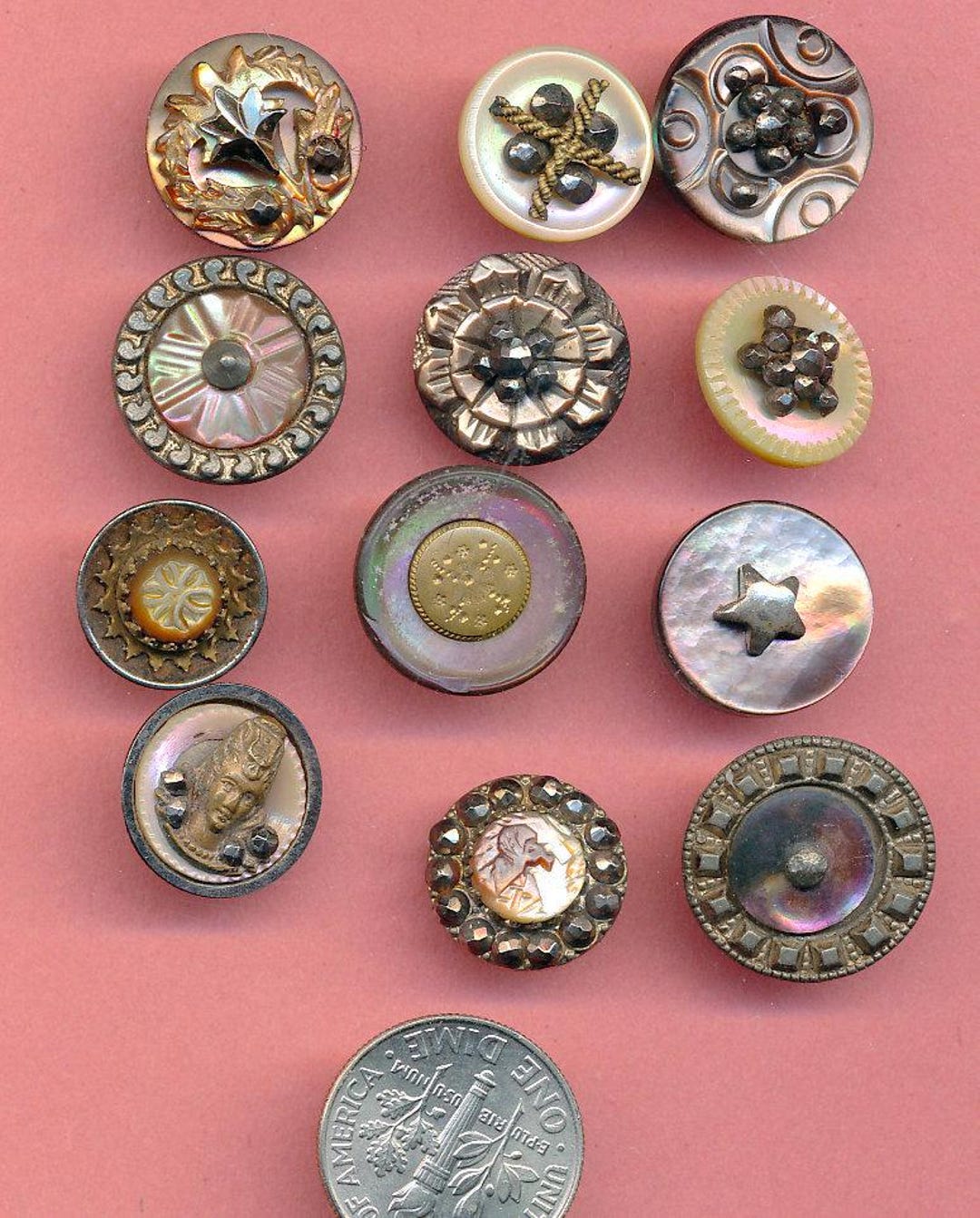 Antique Pearl Shell Buttons With Cut Steel or Metal Trim C Lot of 12 Ca ...