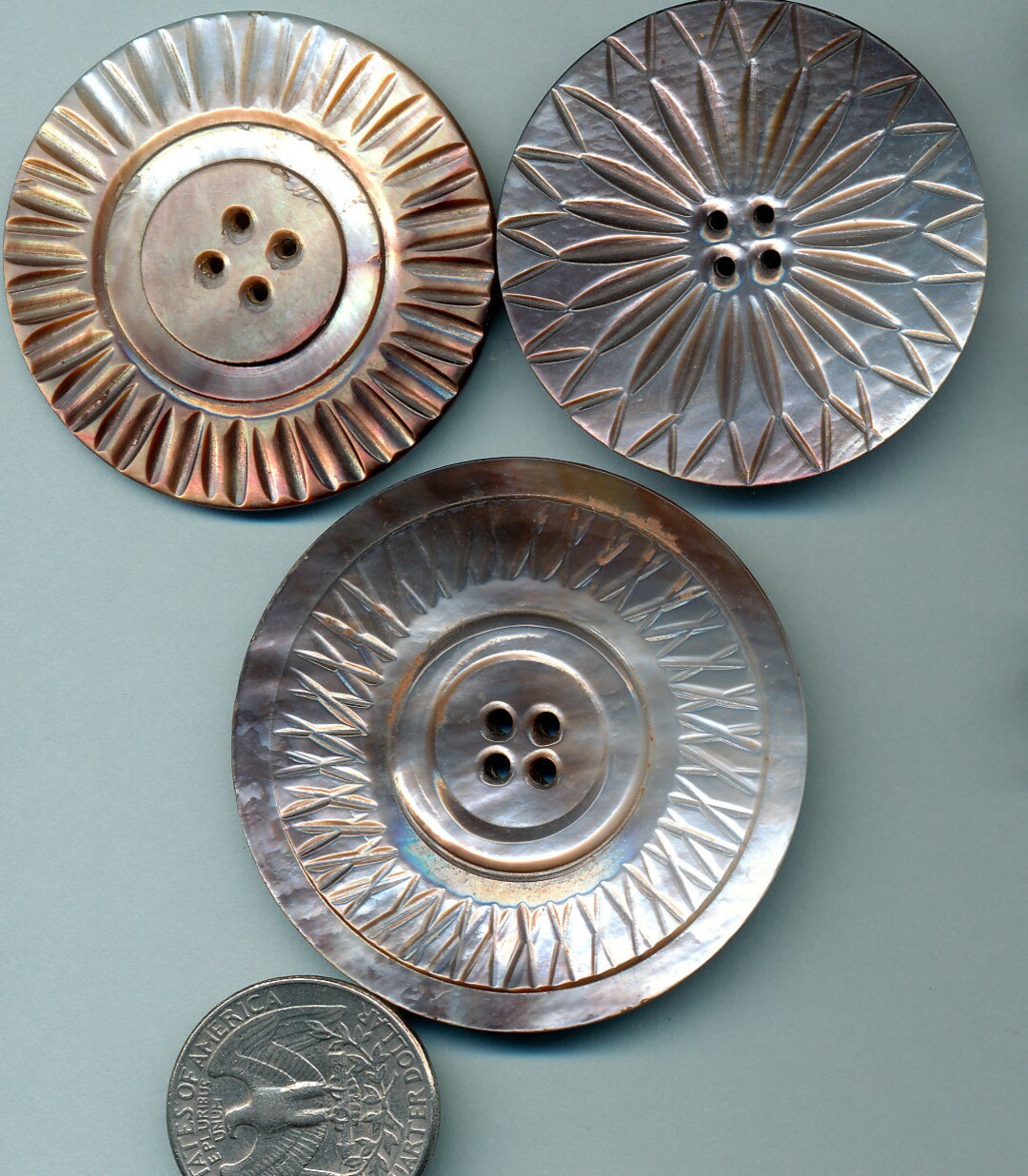 Antique Carved Pearl Shell Buttons Lot of 3 Extra Large 1-7/8 to 2 Ca ...