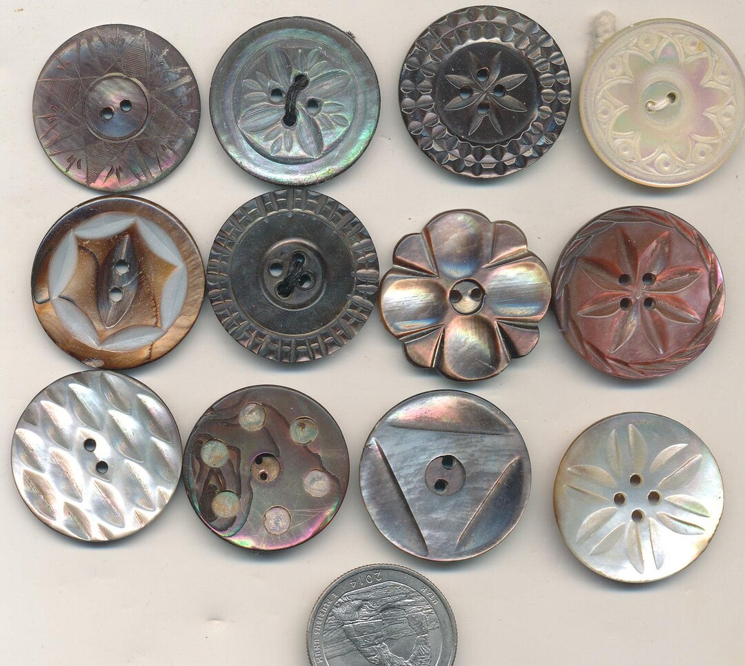 Antique Carved Pearl Shell Buttons B Lot of 12 Medium Size 1-1/8 Ca ...