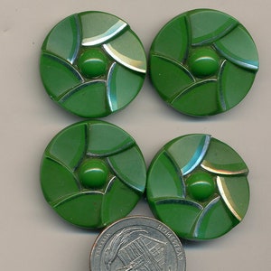 Vintage Green Glass Buttons  Set of 4 Matching Deco Design    ca. 1960's