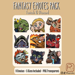 May include: A digital art pack featuring nine fantasy-themed emotes for Twitch and Discord. The emotes include various characters like a goblin, elf, and demon, each with unique expressions. The pack includes 5 sizes and is PNG transparent.