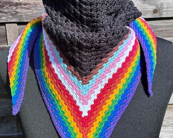 Crocheted Progress Pride Shawl: Black and Rainbow Knit Accessory