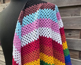 Granny Square Crochet Wrap: Progress Pride Colors, 160cm Wingspan