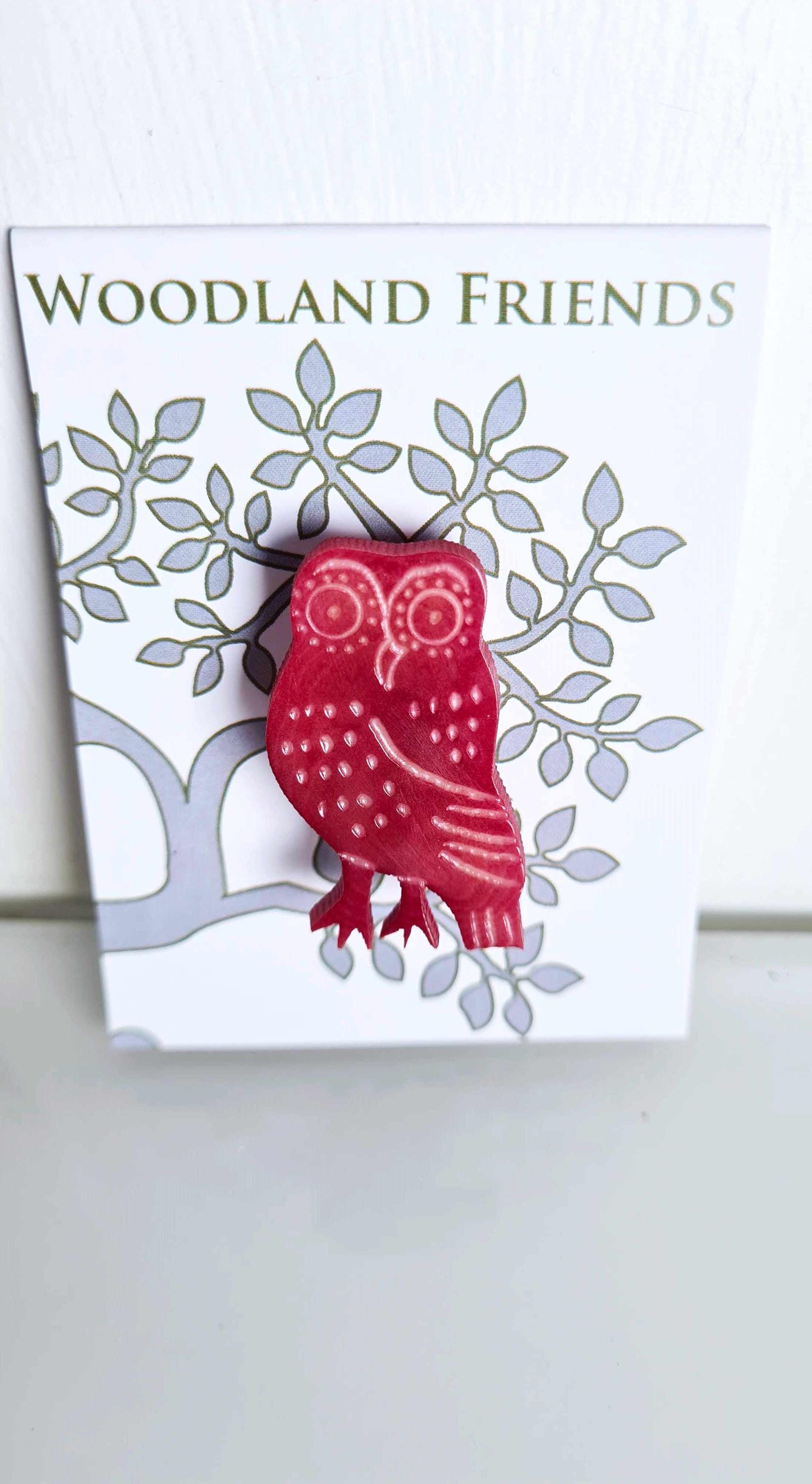 Wise Owl Brooch  / Christmas red bird night owl wildlife pin  / Hand Carved Tagua Nut pin with mushr