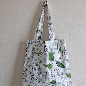 Soft tote bag with storage pouch - nature birds and leaf pattern.