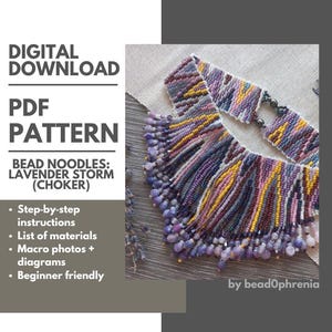 May include: A digital download PDF pattern titled Bead Noodles: Lavender Storm (Choker) by bead0phrenia. The image displays a beaded choker necklace featuring a multi-coloured pattern of purple, yellow, pink, and white beads with dangling bead accents.