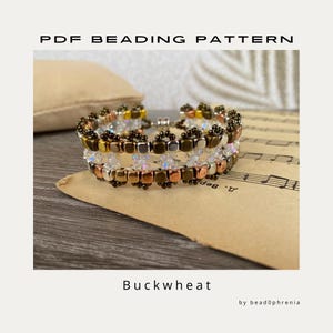 May include: A PDF beading pattern titled Buckwheat by bead0phrenia featuring a bracelet made of metallic bronze, silver, and copper cube beads interspersed with clear iridescent crystal beads arranged in a structured, multi-layered geometric design.