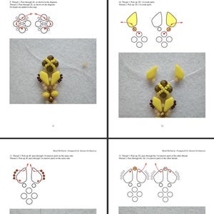 Pu&ograve; includere: Un documento didattico multipagina intitolato Bead Herbaria: Fenugreek di Alyona Grishayeva, contenente diagrammi e fotografie passo dopo passo che illustrano tecniche di tessitura di perline gialle, marroni e color crema su filo trasparente.