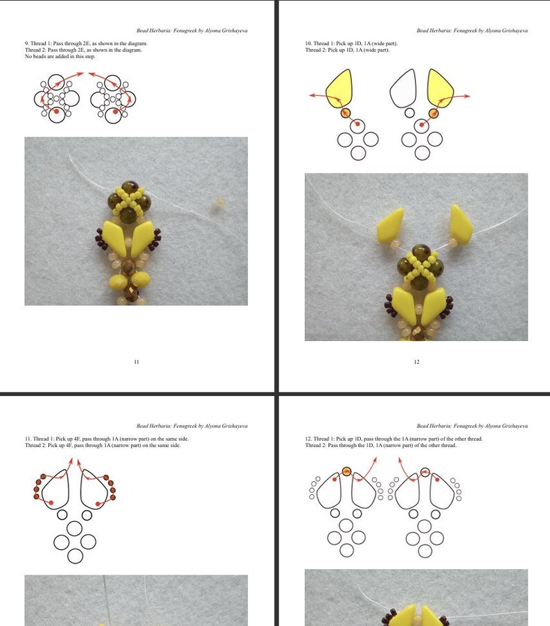 Pu&ograve; includere: Un documento didattico multipagina intitolato Bead Herbaria: Fenugreek di Alyona Grishayeva, contenente diagrammi e fotografie passo dopo passo che illustrano tecniche di tessitura di perline gialle, marroni e color crema su filo trasparente.