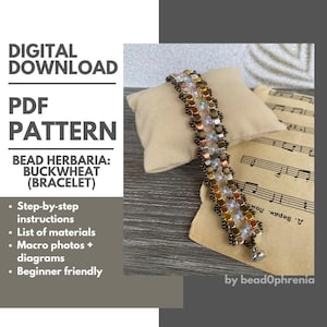 May include: A digital download PDF pattern titled Bead Herbaria: Buckwheat Bracelet by bead0phrenia. The image displays a beaded bracelet featuring metallic bronze square beads and clear iridescent crystals, finished with a silver magnetic clasp.
