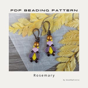 May include: A PDF beading pattern titled Rosemary by bead0phrenia featuring two earrings made of bronze, lavender, and yellow beads. The earrings have bronze hooks and a symmetrical design with a central bronze sphere and wing-like shapes.