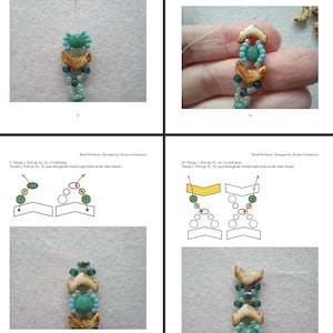 May include: A beading tutorial page titled Bead Herbaria: Tarragon by Alyona Grishayeva, featuring step-by-step instructions with diagrams and photographs showing the assembly of turquoise, cream, and dark green beads on a clear thread.