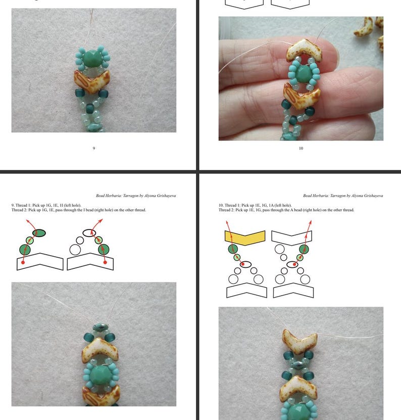 May include: A beading tutorial page titled Bead Herbaria: Tarragon by Alyona Grishayeva, featuring step-by-step instructions with diagrams and photographs showing the assembly of turquoise, cream, and dark green beads on a clear thread.