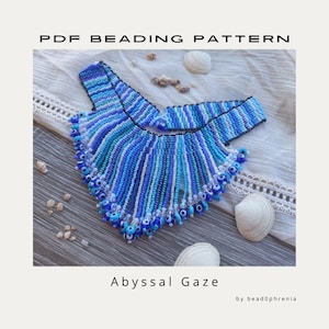 May include: A PDF beading pattern titled Abyssal Gaze by bead0phrenia featuring a necklace made of blue, light blue, and white seed beads arranged in vertical stripes with blue and white evil eye beads hanging along the bottom edge.