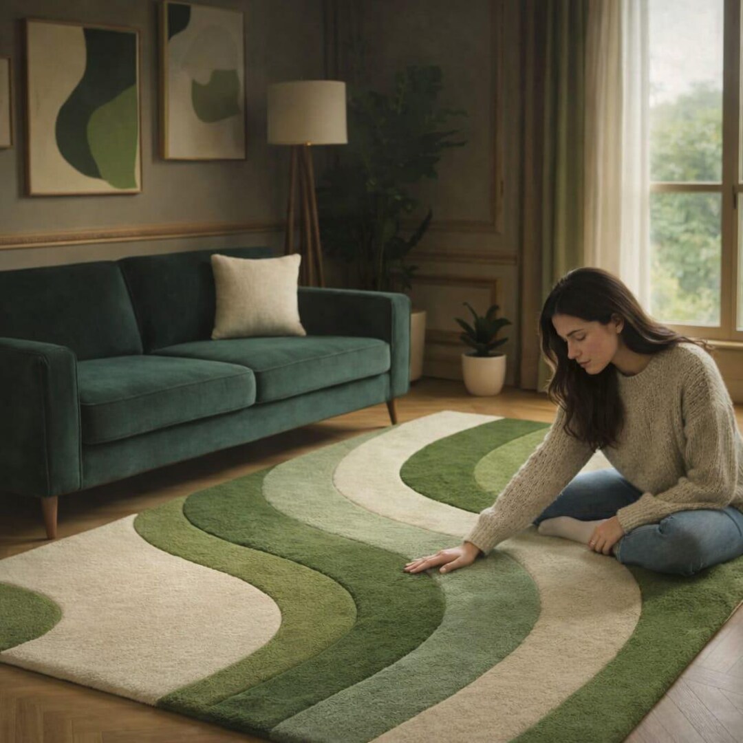 Patterned Green Rug Abstract Design Green Abstract Hand Tufted Wool Rug, Modern Wave Pattern Rug ...