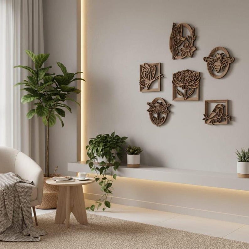 View of 3D Nature Wall Art Set With Personalized Wooden Gift Box: Layered Boho ...