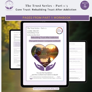 Può includere: Un quaderno di esercizi digitale intitolato The Trust Series - Part 1/3 Core Trust: Rebuilding Trust After Addiction di Recovery Mum Bond. La copertina presenta un'immagine a forma di cuore di una persona che impila pietre al tramonto.