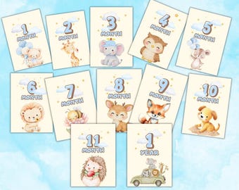 Tarjetas imprimibles para hitos del bebé | Tarjetas mensuales para bebés | Azul | PNG y PDF A4 | Accesorios para fotos de bebés | Descarga digital