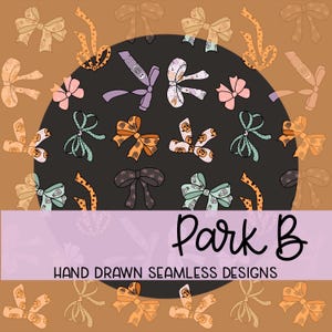 Puede incluir: Un diseño de patrón sin costuras con lazos dibujados a mano en varios colores, incluyendo naranja, morado y verde azulado, con un fondo circular negro. El diseño incluye el texto "Park B" y "HAND DRAWN SEAMLESS DESIGNS" en una pancarta lavanda.