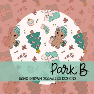 以下が含まれることがあります： ジンジャーブレッドマン、クリスマスツリー、ギフトボックス、キャンディケーン、オーナメントをフィーチャーした繰り返しパターン。 ジンジャーブレッドマンは帽子をかぶり、コーヒーカップを持っています。 背景は薄いピンク色で、「Park B」と「HAND DRAWN SEAMLESS DESIGNS」の文字が入っています。