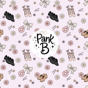 May include: A light pink background featuring a repeating pattern of black tap shoes, tan oxford shoes, pink ballet slippers, polka dot bows, pink scrunchies, bobby pins, stars, and flowers. A central white circle displays the black text Park B.