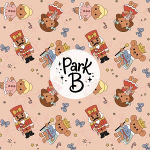 May include: A repeating pattern on a light peach background featuring gingerbread figures, nutcrackers, and mice wearing crowns. Small blue bows, candy canes, and stars are scattered throughout. A white circle in the center displays the text Park B.