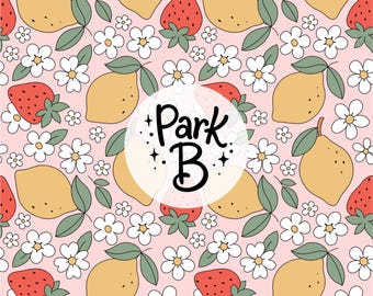 May include: A repeating pattern on a light pink background featuring yellow lemons, red strawberries, and white flowers with green leaves. A central white circular overlay displays the black text Park B with small star accents on each side.