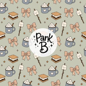 May include: A repeating pattern on a sage green background featuring illustrations of blue mugs with white hearts, s'mores, plaid bows, and marshmallows on sticks. A central white circle displays the black text Park B with small stars.