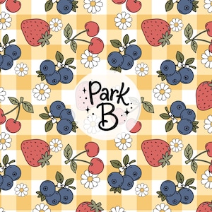 May include: A repeating pattern on a yellow and white checkered background featuring red strawberries, pairs of red cherries, clusters of blue blueberries, and white daisies. A central circular overlay displays the black text Park B.