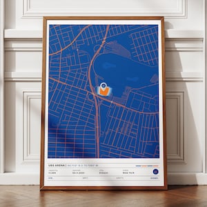 May include: A framed map print of UBS Arena in Elmont, New York, with a blue and orange color scheme. The print includes the arena's location, capacity, and opening date. The text at the bottom reads "ICE, GRIT, UNITY, HOME."