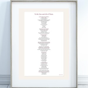 May include: A framed print featuring a poem titled "To Be One and All of Them." The poem is printed in black ink on a cream-colored background. The frame is a light gray color.