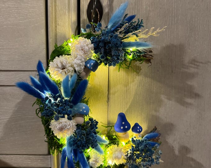 Featured listing image: Cresent Moon Mushroom Wreath with Fairy Lights