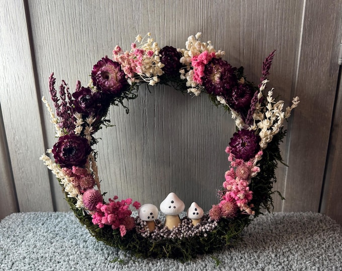 Featured listing image: 10" Mushroom, Flower, Grapevine Wreath with real Dried Flowers