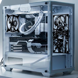 May include: A white computer case with a glass panel, displaying internal components. The case has a black and white anime-style graphic on the side and a fan. White cables and a liquid cooling system are visible inside the case.