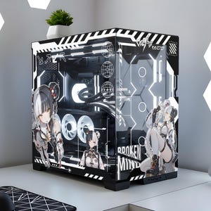 May include: A black and white computer case with anime-style graphics and the text "BROKEN MIND". The case has a clear side panel, showcasing internal components and white LED lighting. A small potted plant sits on top.