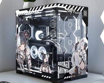 Gamer Girl PC Case Skin, White Gaming Setup Broken Mind Sticker, Custom Case Cover
