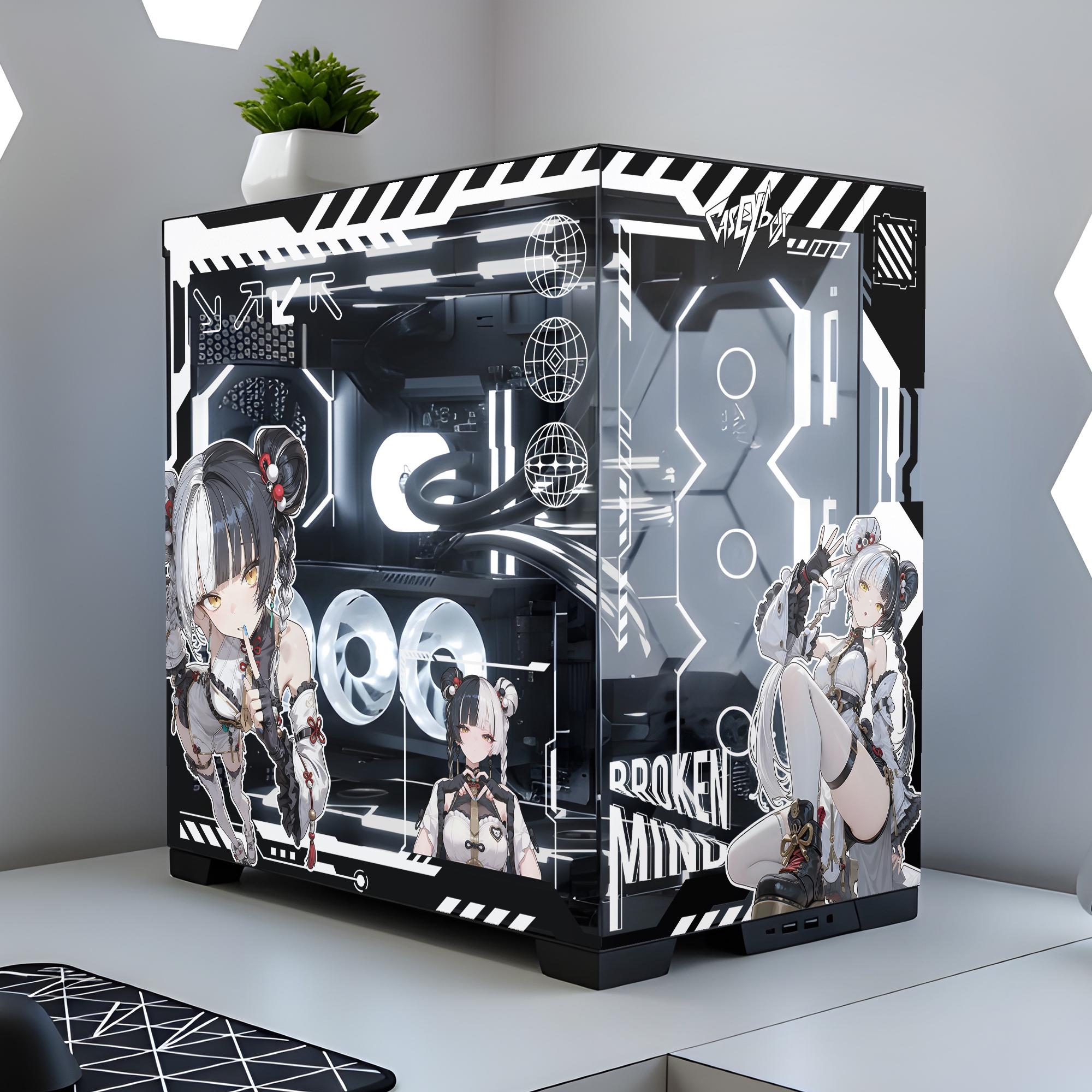 Gamer Girl PC Case Skin, White Gaming Setup Broken Mind Sticker, Custom ...