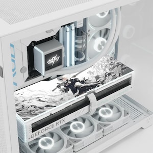 May include: A white computer case with a clear side panel, showcasing internal components. A graphics card with a black and white anime-style illustration is visible. The case has blue accents and the text "GEFORCE RTX".