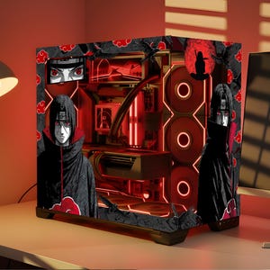 Könnte beinhalten: Ein individuelles Computergehäuse mit Anime-Artwork. Das schwarze Gehäuse hat rote Akzente und Illustrationen eines Charakters mit roten Augen. Das Design umfasst einen roten Mond und Wolkenmotive, mit internen Komponenten, die durch rote Beleuchtung beleuchtet werden.