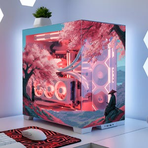 May include: A white computer case with a custom design featuring a pink cherry blossom landscape and two figures. The case has a glass side panel, revealing internal components with illuminated fans. A small potted plant sits on top.