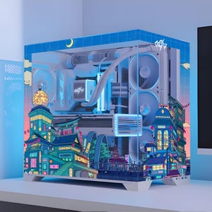 Könnte beinhalten: Ein weißes Computergehäuse mit einem individuellen Design, das eine Stadtlandschaft in Blau-, Türkis- und Rosatönen zeigt. Das Gehäuse hat eine Glasseitenwand, interne Komponenten und Lüfter. Die Oberseite hat ein blaues Gittermuster mit einem Halbmond.