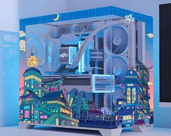 Japanese Retro City PC Case Sticker - Nostalgic Vintage Gaming Pc Skin, Decal - Gamer Gift