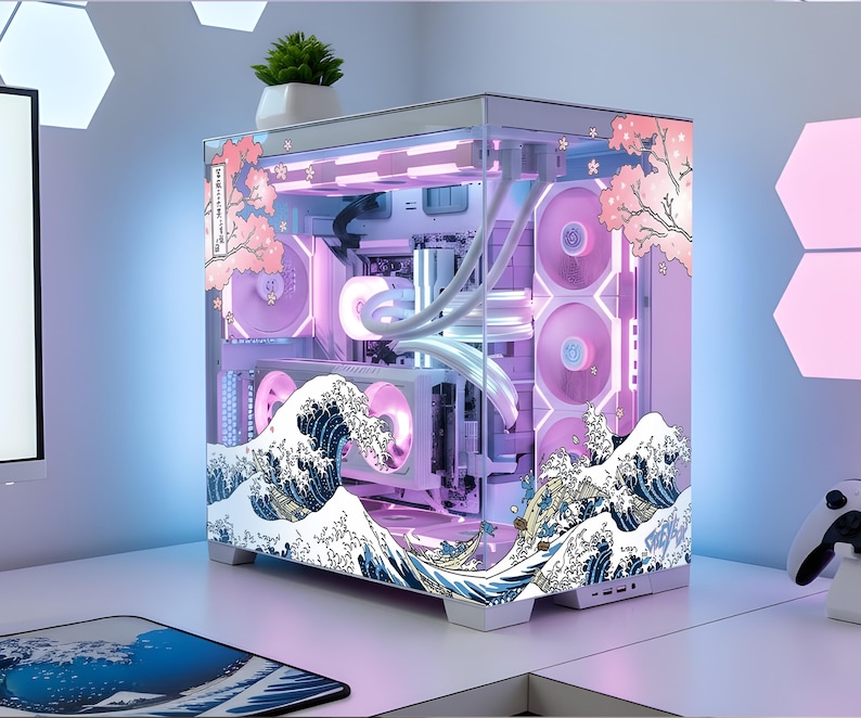 Japan Charm Computer Wave Sakura PC Case Skin, Japanese Gaming PC, Pink Kawaii Decal, Gamer ...