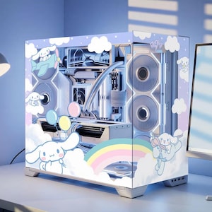 May include: A custom computer case featuring a light blue and white theme with Cinnamoroll character graphics, white clouds, pastel balloons, and a rainbow. The interior components are white, including cooling fans and tubing, visible through the glass.